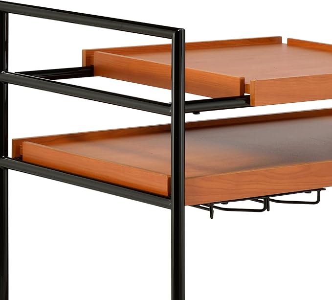 3-Tier Rolling Bar Cart, Honey Oak & Black Metal Frame, 29W x 14D x 33H inches