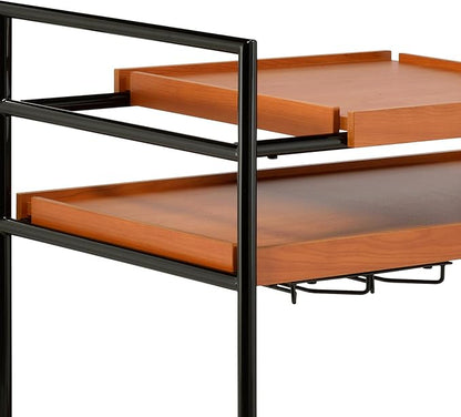 3-Tier Rolling Bar Cart, Honey Oak & Black Metal Frame, 29W x 14D x 33H inches