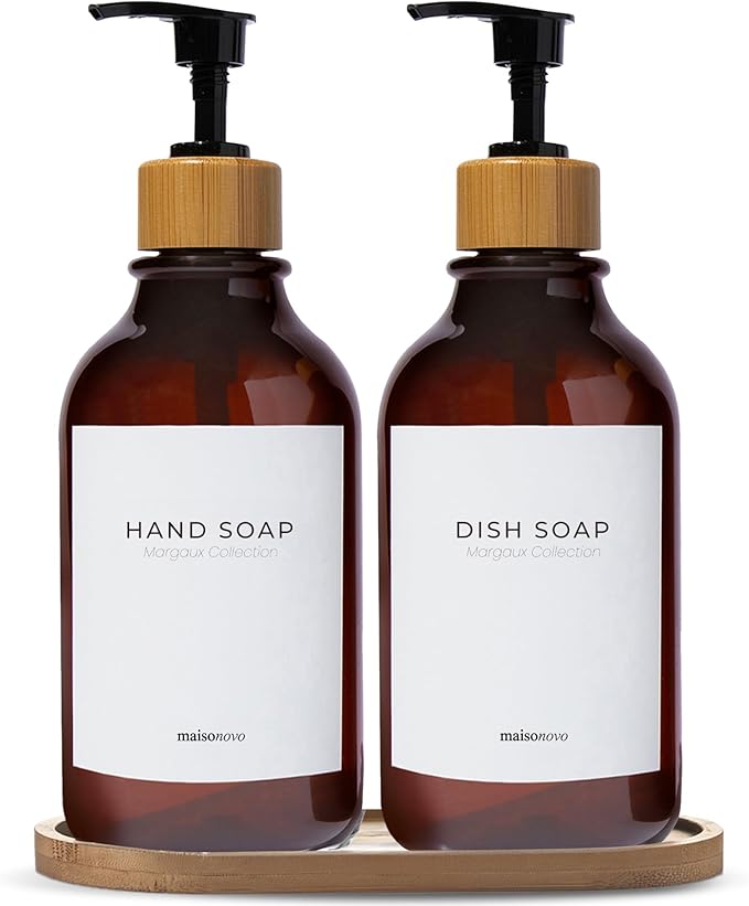 Maisonovo Plastic Soap Dispenser Set | Hand Soap and Dish Soap Dispenser Set | 16.9oz Amber Bottles with Black Bamboo Pump | Bathroom Lotion Dispenser with Pump Set of 2