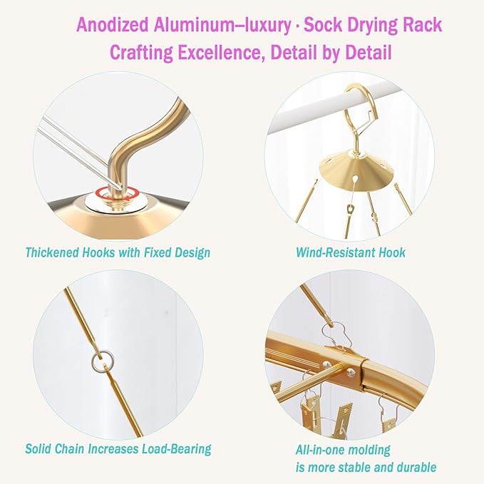 Underwear Hanger for Drying with 26 Clips - Aluminum Hanging Drying Rack for Socks, Lingerie & Baby Clothes | Wind-Resistant Hook & Oval Design (Rose Gold)