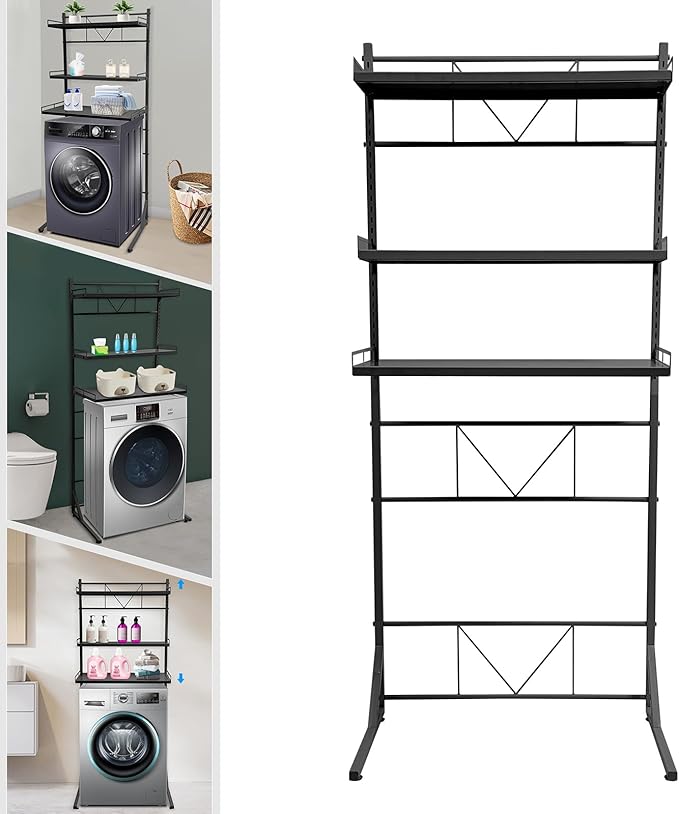 Eapmic Over The Washer and Dryer Storage Shelves, Laundry Room Standing Shelf, 3 Tier Expandable Washer and Dryer Rack with Adjustable Height, Over Toilet Washing Machine Width Within 25.2" (Black)