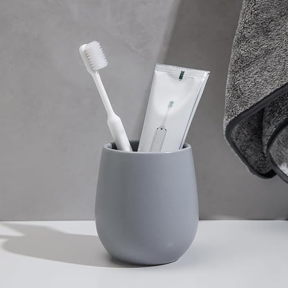 Grey Ceramic Toothbrush Holder - 11Oz Small Bathroom Tooth Brushing Holders, Reusable Mouthwash Cup, Toothpaste Holder, Makeup Brush Holder, Pen Holder for Bathroom Countertop, 1PC