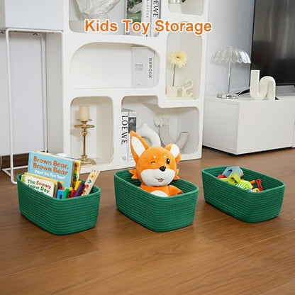 Small Storage Baskets for Organizing, Woven Storage Bins for Shelves, Gift Basket Empty, Cute Decorative Closet Organizer, Baby Rope Basket, Dog Toy Storage, 12.6x8.2x5”, 3Packs Green