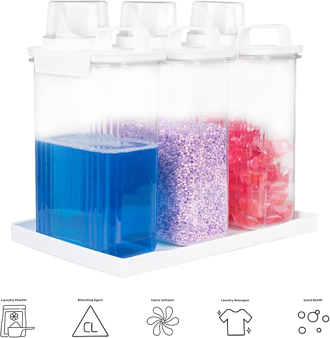 68oz Laundry Detergent Container, 3Pack Plastic Liquid Detergent Dispenser for Laundry Room Powder,Soap,Fabric Softener, Scent Beads Storage and Organization,with 5 Labels,1 Tray.(3, 68oz)