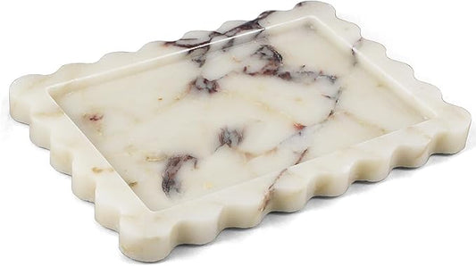 Real Natural Marble Tray, Luxury Scalloped Vanity Decorative Tray, Genuine Calacatta Gold Stone Tray for Bathroom Dresser, Home Decor, Kitchen Storage, Non-Resin/Ceramic, 10.6" x 8"