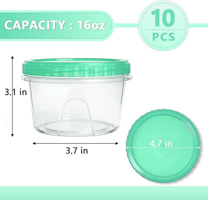 Slomg 10 Pack 16 oz Freezer Storage Containers with Green Twist Top Lids, Small Plastic Food Storage Soup Meal Prep Containers, Leakproof Overnight Quart Containers for Lunch Leftover Fruit Salad Oat