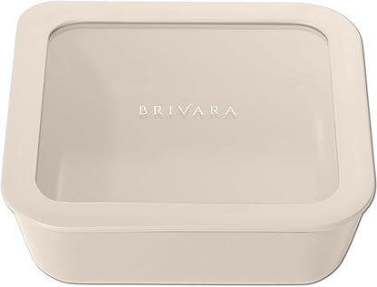 Ceramic Coated Glass Food Storage Container | No PTFE, PFOA, PFAS, and BPA | Reusable Non Toxic Meal Prep Container with Glass Lid | Easy To Store | 5 Cup Square [Crema]