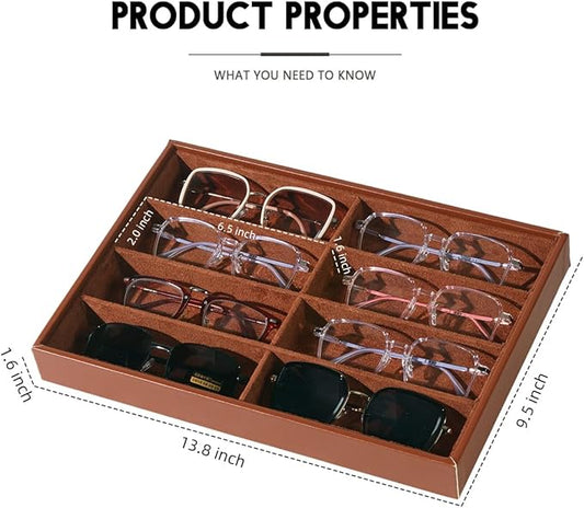 XHMQYC Glasses Holder Box Drawer Sunglass Organizer for Men Clear Wide Storage Case 8 Slots Multiple Reading Glasses Display, Brown Leather