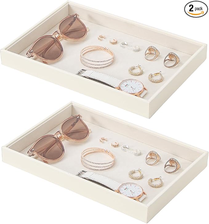 Stackable Jewelry Organizer Tray For Drawers,White Leather Small Earring Storage Tray,Bracelet And Necklace Display Box,Jewelry Ring Display Case (Creamy White Blank Trays)