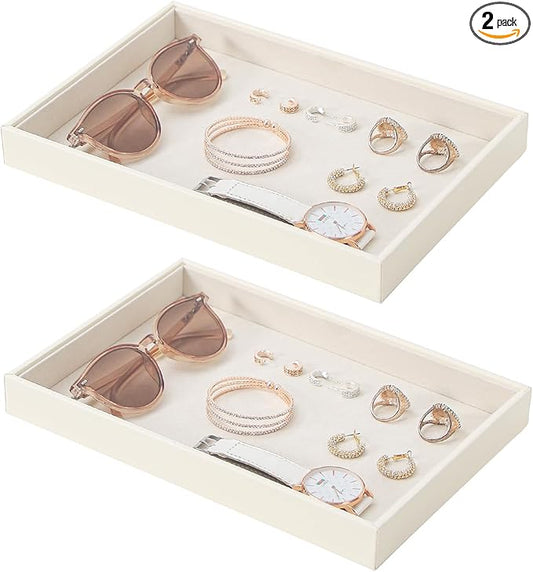 Stackable Jewelry Organizer Tray For Drawers,White Leather Small Earring Storage Tray,Bracelet And Necklace Display Box,Jewelry Ring Display Case (Creamy White Blank Trays)