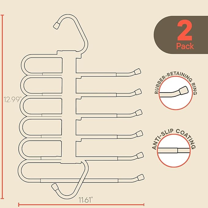 Campior Space Saving Pants Hangers 2 Pack, 6 Layer Jeans Hangers and Closet Organizer for Jeans, Scarves, & Skirts, Multi-Layer Hanger with Anti-Slip Stopper, Heavy-Duty S-Type Stainless Steel, Gray