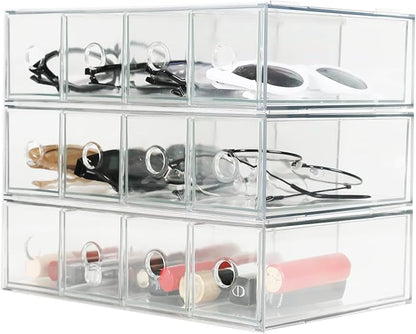 3-Pack Stackable Acrylic Storage Drawers, Desk Organizer Transparent Cosmetic Storage Boxes, 4 Compartment Design Suitable for Stationery, Dressing Table, Sunglasses, Jewelry Storage Organization