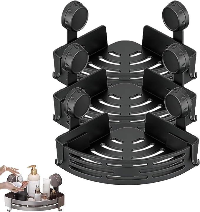 Triangle Suction Cup Shower Caddy, Corner Shower Shelves No Drilling, Aluminum Upgrade Suction Cup Shower Organizer with Towel Bar & Hooks, Heavy-Duty Strong Hold (Black, 3pcs)