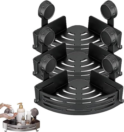 Triangle Suction Cup Shower Caddy, Corner Shower Shelves No Drilling, Aluminum Upgrade Suction Cup Shower Organizer with Towel Bar & Hooks, Heavy-Duty Strong Hold (Black, 3pcs)