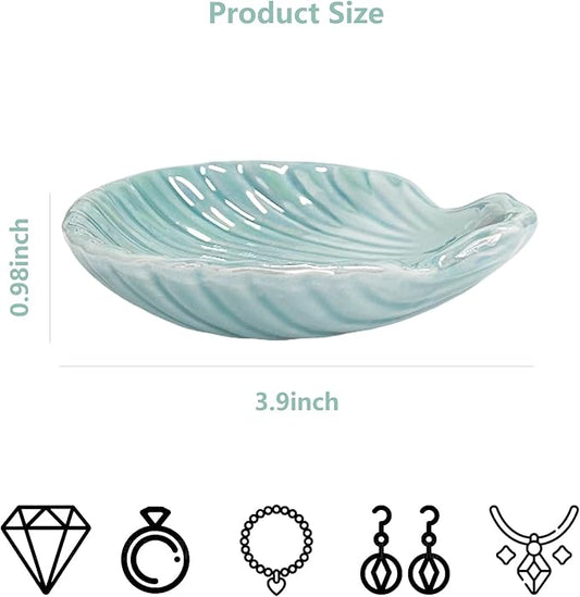 GO2HEJING Ring Dish Shell Shape Ceramic Jewelry Dish Tray, Decorative Trinket Dish Organizing Rings Earrings Necklaces Keys for Mom Friend Sister, 3.9", Blue Iridescent Surface