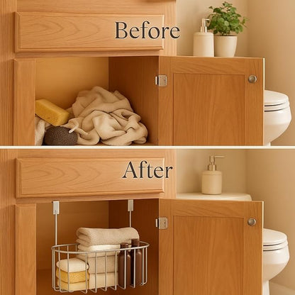 SKYREN Over Cabinet Door Organizer Basket, Satin Nickel Finish, Under Shelf Hanging Storage for Kitchen, Pantry, Bathroom, Laundry, 10.24 x 11.26 x 6.26 in