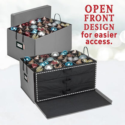 HOLDN’ STORAGE Christmas Ornament Storage Box with Dividers, Holds Up to 72 Ornaments (4 Inches), Large Organizer with 3 Stackable Trays - Gray