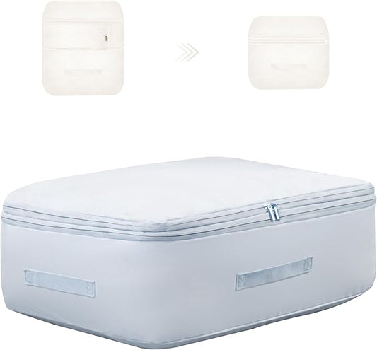 Fivaran Ultra Space Saving Self Compression Organizer, Comforter Storage Bag for Clothes, Blankets, Pillows, Duvet, Comforters, Bedding Sets and Much More (Blue,L - 54 * 42 * 30cm)