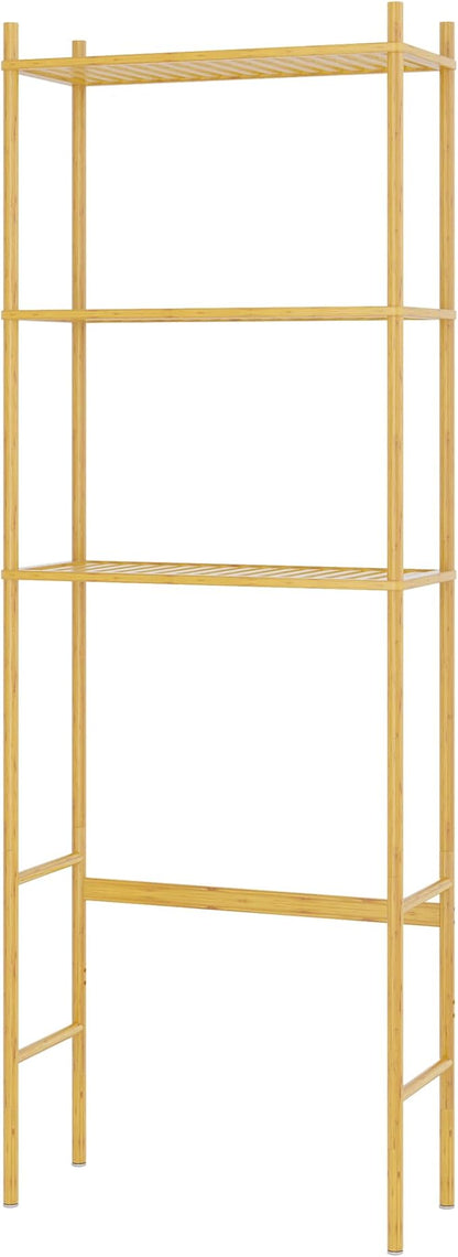 QSN SILK LU 3 Tier Over The Toilet Organizer Rack Bamboo, Freestanding Bathroom Toilet Storage Shelf, Space Saving and Easy to Install, Adjustable Feet, Adjustable Bottom Rod