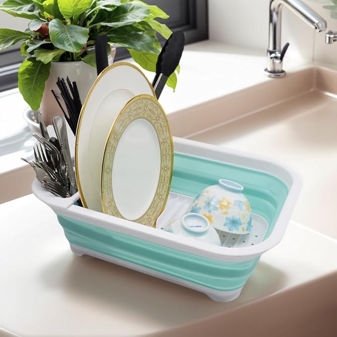 SAMMART Collapsible Plastic Dish Drainer - Foldable Drying Rack Set - Portable Dinnerware Organizer - Space Saving (1, White/Lake Green (w/o Base Board))