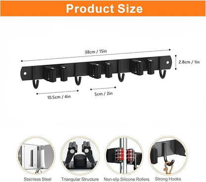 2 Pack Mop and Broom Holder Wall Mount, Non-slip Broom Hanger Wall Mount, Heavy Duty Mop Broom Organizer for Kitchen Garden Garage Laundry Room Wall Decor Organization and Storage Black 3R4H