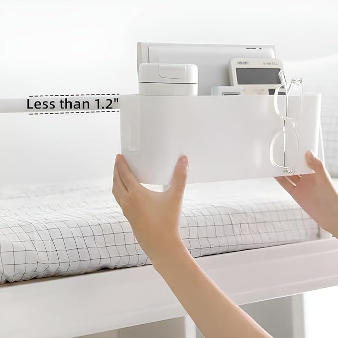 MEVOPHEE Bedside Organzier Caddy Hanging, Plastic Bunk Bed Shelf with Hooks, Large Storage Holder for Dorm Room Bed, Hospital Bed, Baby Bed Rails, 11 Lbs / 5 Kg Capacity (White)