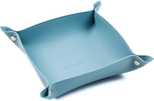 SANQIANWAN Leather Jewelry Valet Tray for Women and Man, Portable Entryway Table Tray Bedside Nightstand Desk Tray Small Catchall Travel Dish Plate for Key,Wallet,Watch,Coin (Light Blue-B)