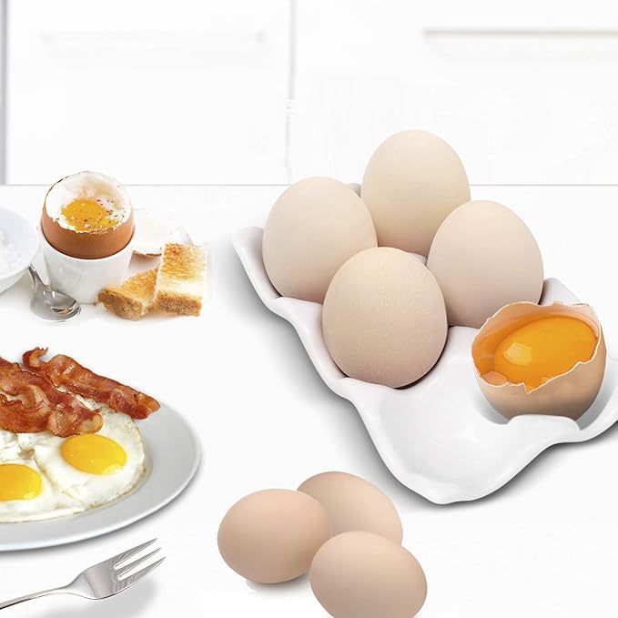 Flexzion Porcelain Egg Crate - 6 Capacity Ceramic Tray, Half Dozen Holder, White Decorative Serving Dish and Storage Organizer, 2 Pack