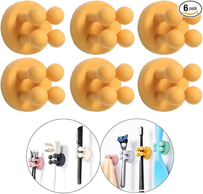 Defrko Silicone Toothbrush Holders - 6Pcs Razor Hooks Adhesive Wall Mounted for Hanging Towel Key Plug Cable, Utility Decor Stick to Dorm Room Door Function for Kitchen Bathroom Home Office, Yellow