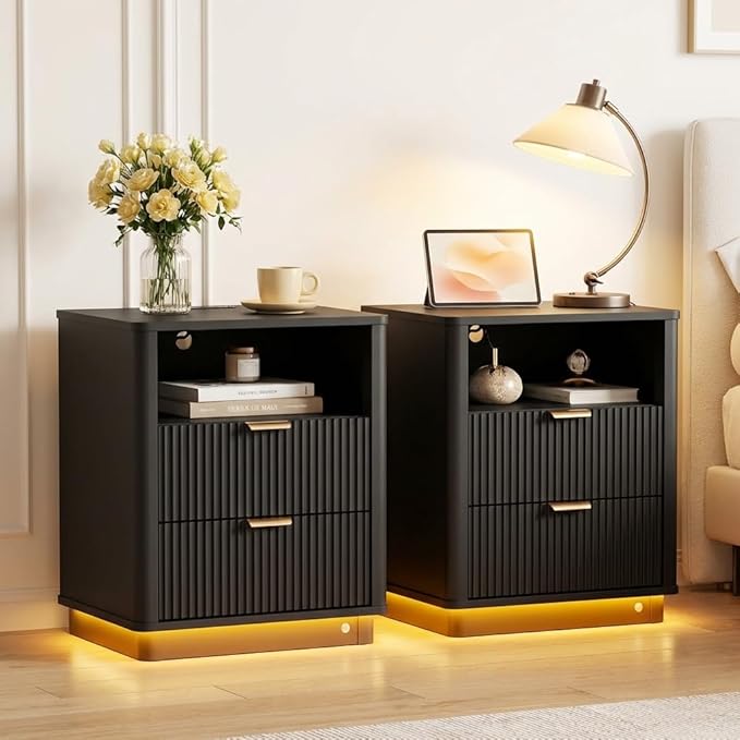 BONITURE Fluted Night Stand Set of 2, Curved Nightstands with Charging Station Lighting, Wood End Table with 2 Drawers, Modern Side Table Storage Cabinet for Bedroom Office,(2, Black)