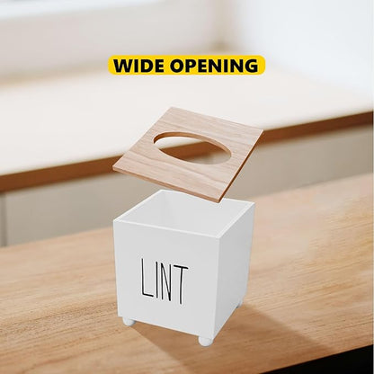 Lint Bin for Laundry Room, Farmhouse Lint Box, Wooden Lint Holder with Lid, Lint Container for Laundry Room Decor, Dryer Lint Trash Can for Laundry Accessory Organization