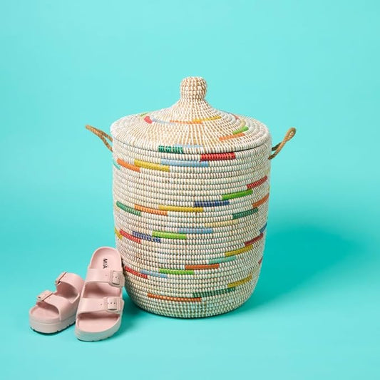 Small Storage Basket, Organizing, Storage, Wicker, Woven, With Lid, Handles, 12" Wide, 14" Tall (Colors White)