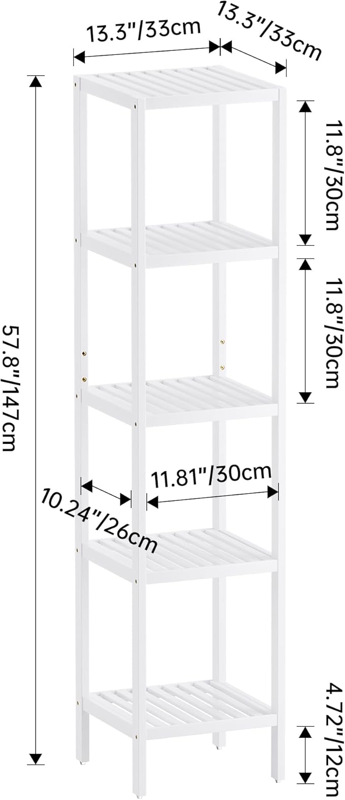SMIBUY Bathroom Storage Shelf, 5-Tier Bamboo Rack Organizer, Multifunctional Shelving Unit for Living Room Bedroom Kitchen (White)