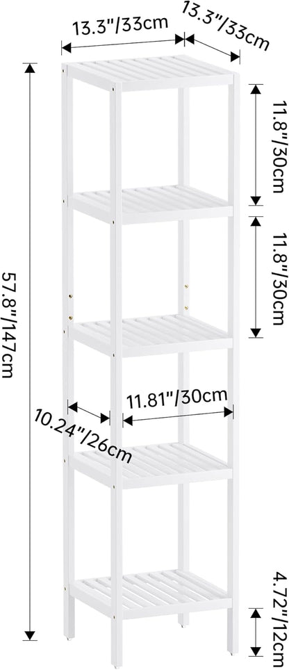 SMIBUY Bathroom Storage Shelf, 5-Tier Bamboo Rack Organizer, Multifunctional Shelving Unit for Living Room Bedroom Kitchen (White)