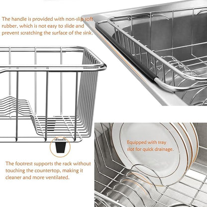 Stainless Steel Dish Drying Rack(15.2"L X 11"W X 5.3"H), Expandable Fruit & Vegetable Drain Rack over Sink, Dish Drainer Rack in Sink, with Stainless Steel Utensil Holder & Silicone Mat(16")