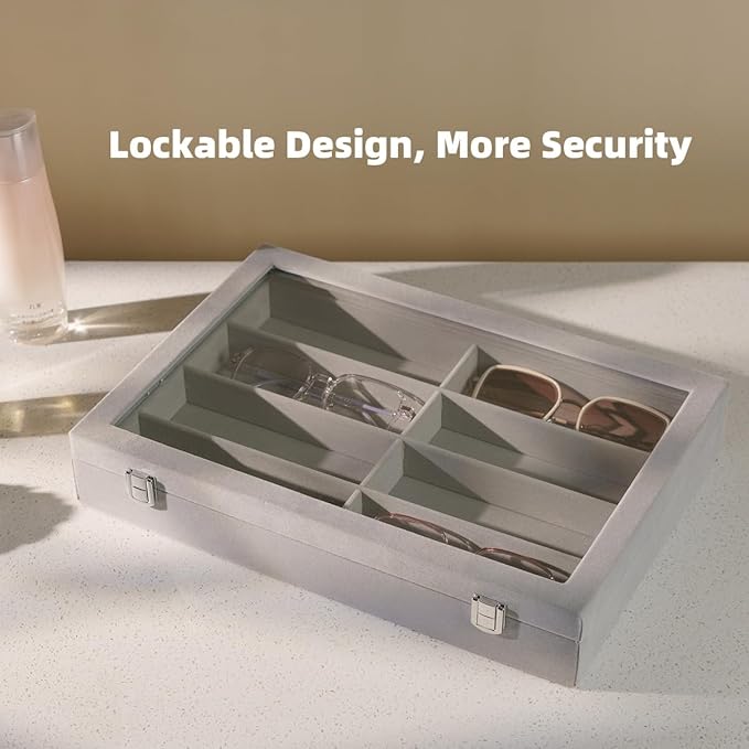 XHMQYC Glasses Holder Box Drawer Sunglass Organizer for Men Clear Wide Storage Case 8 Slots Multiple Reading Glasses Display, Gray Velvet With Clear Glass Lid