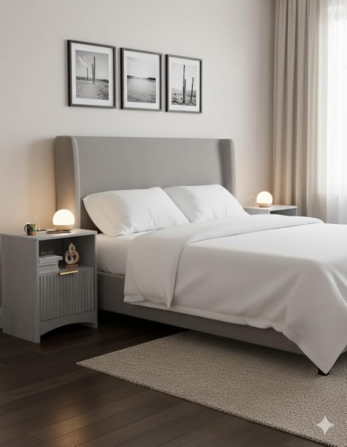 Pipishell Nightstands Set of 2 with Charging Station, Fluted Bedside Table with Storage & Drawer, Modern End Tables with USB & AC Outlets, Small Wood Night Stand for Bedroom, Light Gray