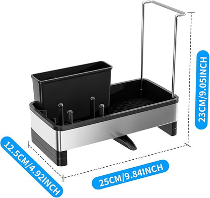 SOVGIZF Sponge Holder for Kitchen Sink,Sink Caddy Organizer with Removable Brush Holder,Kitchen Countertop Soap Dispenser Storage with Detachable Towel Rack,Black