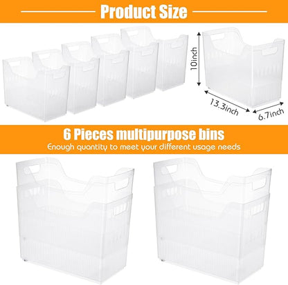 Qunclay 6 Plastic Freezer Organizer Bins with Wheel Set Clear Tall Narrow Kitchen Pantry Organizer Snack Storage Containers for Office Refrigerator(10 x 13.3 x 6.7inches)