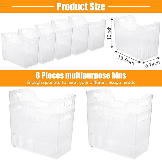Qunclay 6 Plastic Freezer Organizer Bins with Wheel Set Clear Tall Narrow Kitchen Pantry Organizer Snack Storage Containers for Office Refrigerator(10 x 13.3 x 6.7inches)