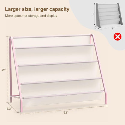 High-Transparent 4 Tier Kids Bookshelf, Sturdy Metal Large Size Book Rack Storage for Kid - Toddler Book Shelf Display for Nurasery, Playroom or Kids Room, Bookshelf Hold More Books - Pink