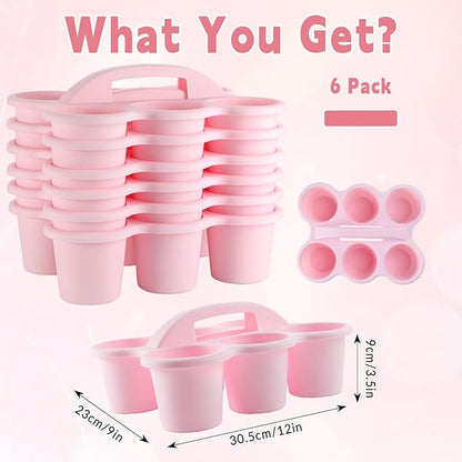 6 Pack Classroom Caddy with Handle Plastic Storage Caddy Organizer with 6 Compartments Drink Cup Caddies Holder Portable Storage Bin for Pencil, Crayon, Marker, Home, Office, School Supplies(Pink)