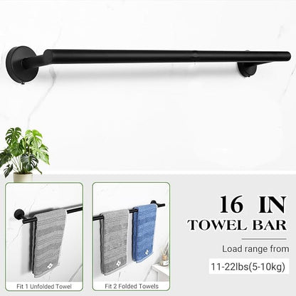 Matte Black Bathroom Towel Bar Set, 5-Piece Stainless Steel Hardware Bathroom Accessories, 16" Towel Racks for Bathroom Walls