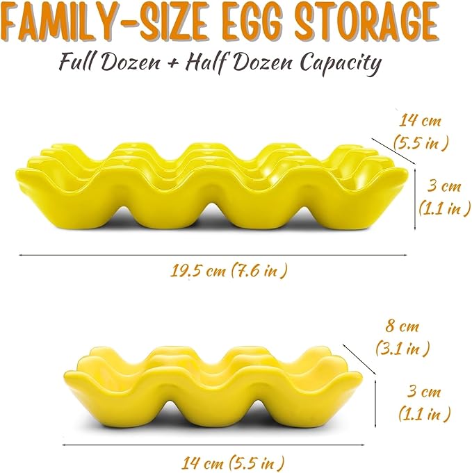 Flexzion 12 Cups Ceramic Egg Holder for Fridge - Dozen Ceramic Egg Tray Porcelain Container Storage Organizer Decorative Serving Stand Serveware for Refrigerator Countertop Display (Yellow, 2 Pack)