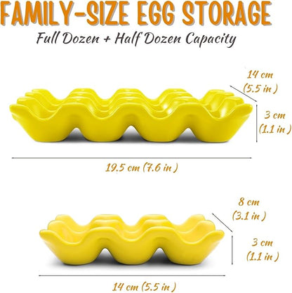 Flexzion 12 Cups Ceramic Egg Holder for Fridge - Dozen Ceramic Egg Tray Porcelain Container Storage Organizer Decorative Serving Stand Serveware for Refrigerator Countertop Display (Yellow, 2 Pack)