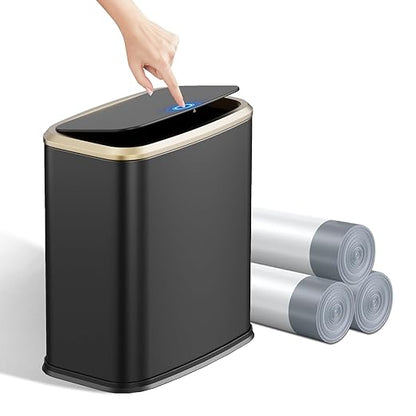 2.1 Gallon Bathroom Trash Can with Lid Press Top, 8 Liter Stainless Steel Garbage Can with Press Type Lid, Slim Trash Bin Waste Basket for Toilet, Office, Bedroom, Living Room (Black)