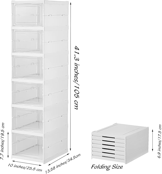 FUYUN Plastic Shoe Organizer - Stackable and Foldable 6-Tier Shoe Boxes for Closet, Clear and Space-Saving Sneaker Containers, No Assembly Required