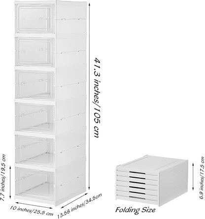 FUYUN Plastic Shoe Organizer - Stackable and Foldable 6-Tier Shoe Boxes for Closet, Clear and Space-Saving Sneaker Containers, No Assembly Required