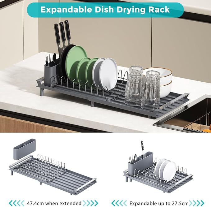 YOJIA Stainless Steel Dish Drying Rack, Extendable Dish Drainer Rack, Drainboard, Detachable Cup Shelf, Rustproof Multifunctional Organizer for Kitchen Counter, Cup Holders, Utensil Holder (Grey-Dish)