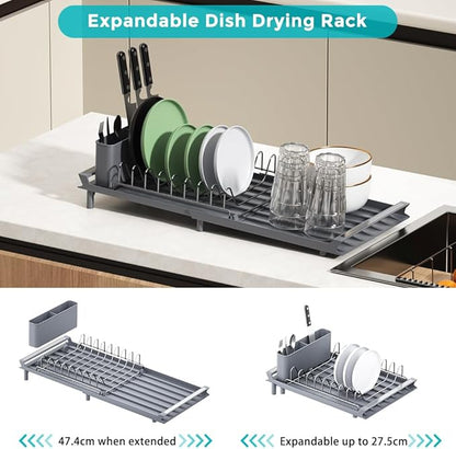 YOJIA Stainless Steel Dish Drying Rack, Extendable Dish Drainer Rack, Drainboard, Detachable Cup Shelf, Rustproof Multifunctional Organizer for Kitchen Counter, Cup Holders, Utensil Holder (Grey-Dish)